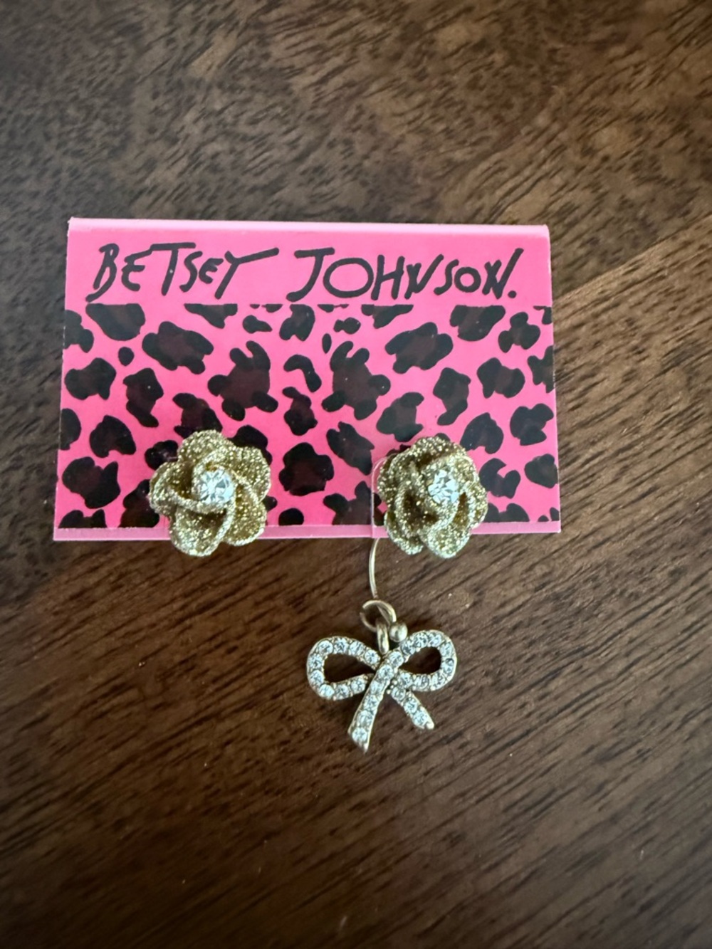 Betsey Johnson Gold Flower Studs with Rhinestone Bow Charm